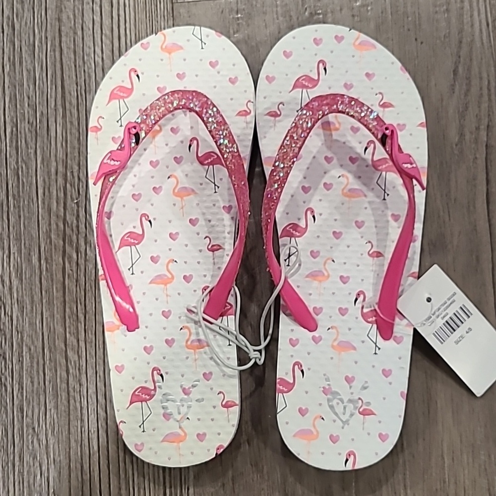 Justice Glitter Flamingo Glitter Flip Flops Size 4/5